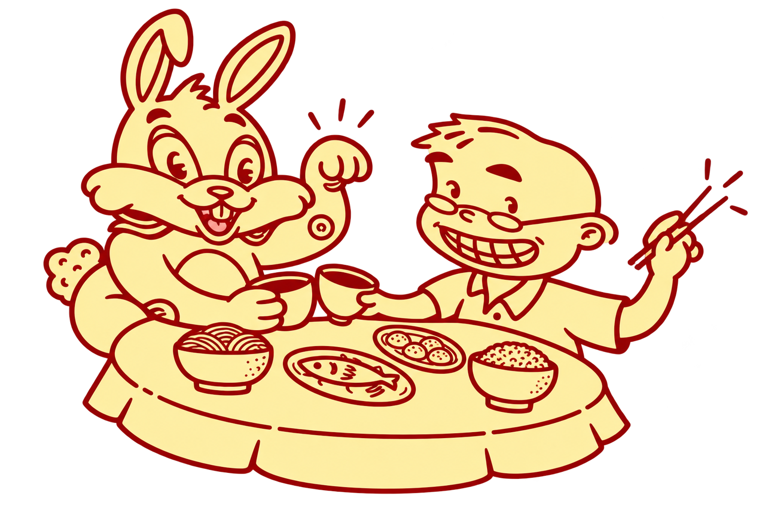 Uncle Lou's rabbit and diner cartoon sharing a meal